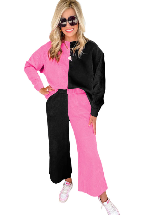 Multi-Color Contrast Color Block Textured Casual 2pcs Outfit